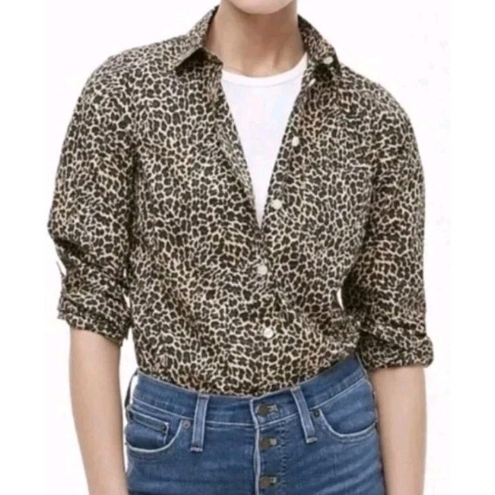 J Crew Shirt Blouse Womens Large Leopard Animal Print Button Mobwife Neutral NWT